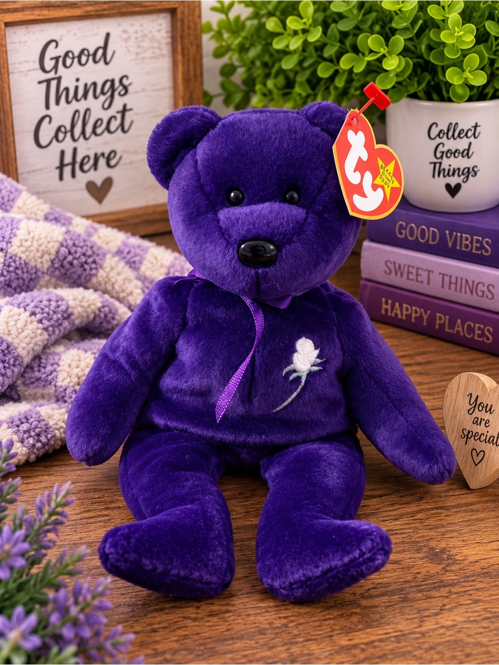 Ty Purple Plush Bear with White Rose Embroidery